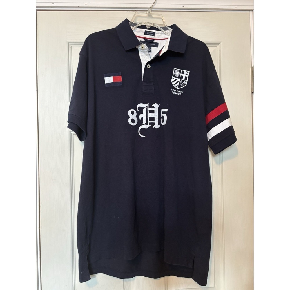TOMMY HILFIGER POLO SHIRT NEW YORK LEAGUE NAVY BLUE MENS SIZE XL CUSTOM FIT
